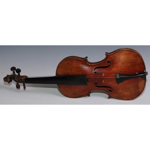 3062 - A 19th century violin, the well figured one-piece back 36cm long excluding button, outlined througho... 