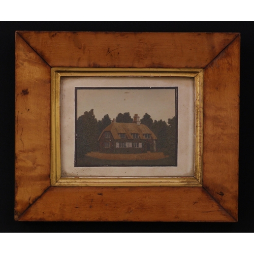 3086 - A 19th century sand picture, probably Isle of Wight, depicting a thatched cottage, 7.5cm x 10cm, map... 