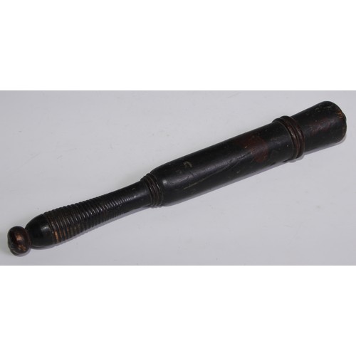 3636 - Police History - a Victorian turned, ebonised and polychrome painted truncheon, ribbed grip, 37.5cm ... 