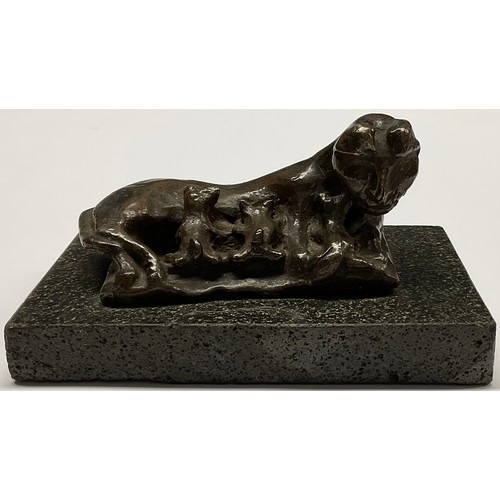 3625 - Modern British School, a brown patinated bronze, Tigress and Cubs, rectangular base, 12cm wide