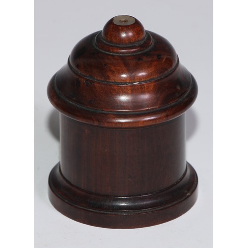 3666 - Treen - a 19th century lignum vitae string box, screw-fitting cover set with a mother of pearl round... 