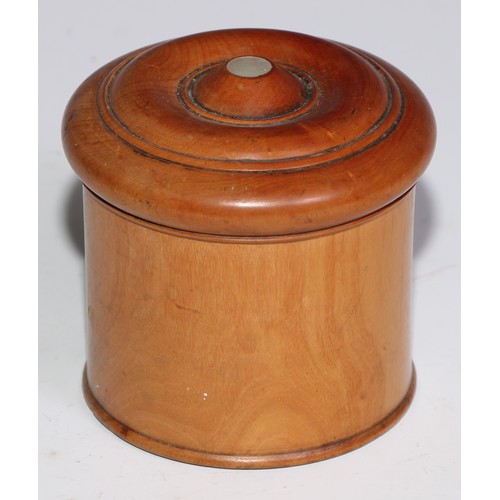 3666 - Treen - a 19th century lignum vitae string box, screw-fitting cover set with a mother of pearl round... 