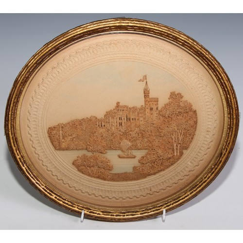 3639 - Royal Palaces - a Victorian cork picture, Windsor Castle, embossed mount, 24cm x 28.5cm, gilt frame