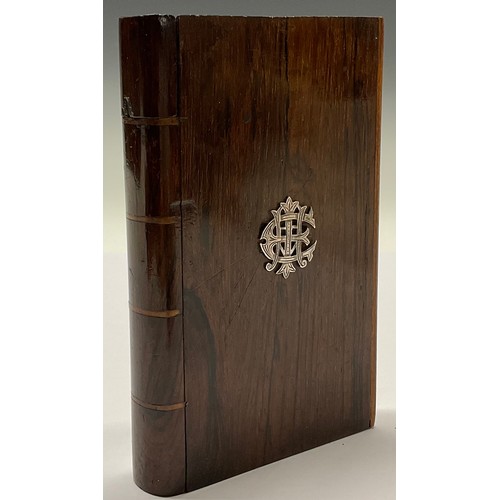 3060 - A 19th century rosewood novelty cigar case, as a book, the sliding cover enclosing provision for fou... 