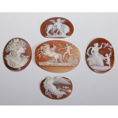 3087 - A 19th century shell cameo, carved in the Classical taste with a chariot horses, celestial driver an... 