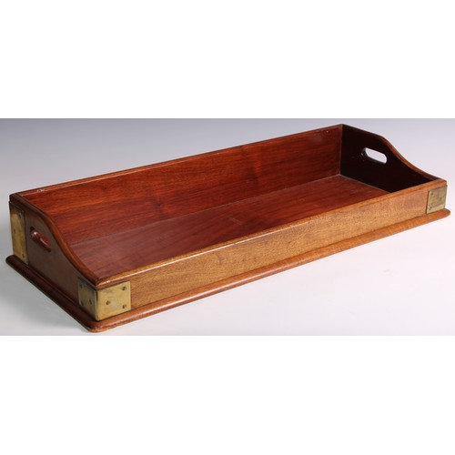 3069 - A campaign style brass bound mahogany book carrier, 74cm wide