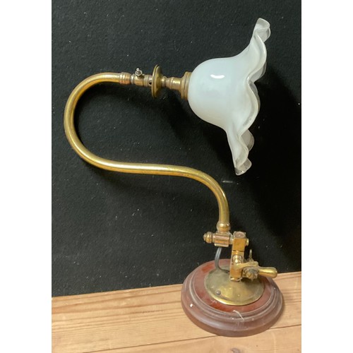 3011 - A 19th century brass swan neck gas wall light, later converted to electricity, fluted opaque glass s... 