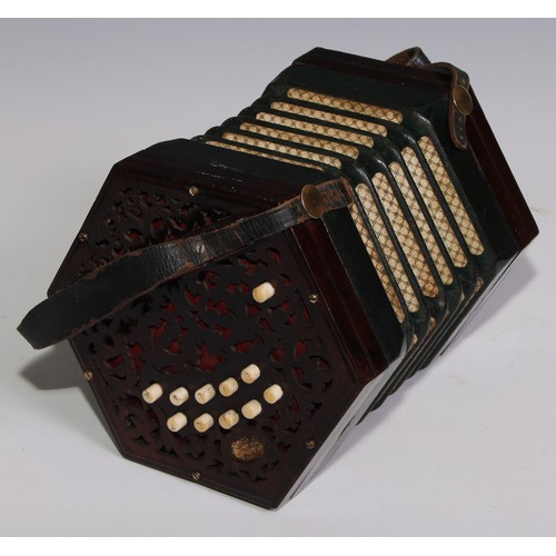 3061 - A 19th century rosewood concertina, by Jones & Son, London, twenty-two keys, fretwork ends, 18cm dia... 