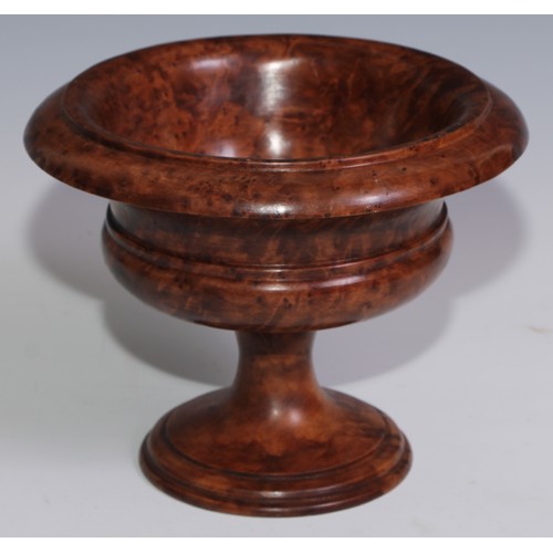 3674 - Treen - a turned burr walnut compressed campana table urn, 21cm diam