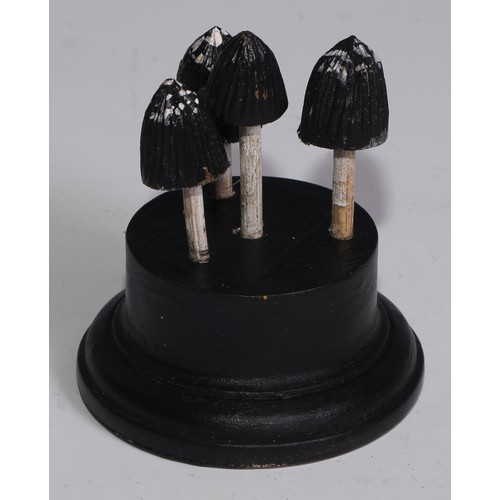 3688 - A painted softwood fungi specimen model, mounted for display, 10cm high; another (2)