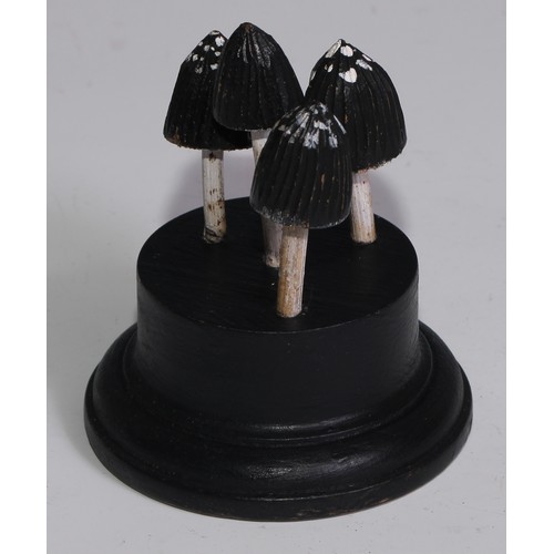 3688 - A painted softwood fungi specimen model, mounted for display, 10cm high; another (2)