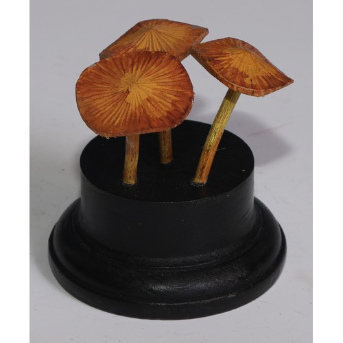 3688 - A painted softwood fungi specimen model, mounted for display, 10cm high; another (2)