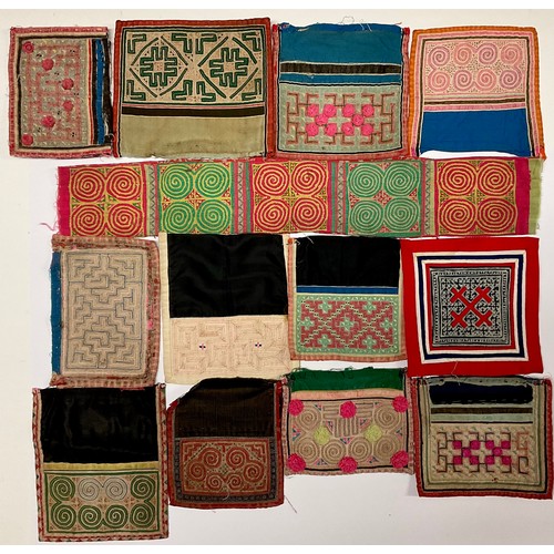 3645 - Textiles - a collection of Hmong embroidered panels, various geometric designs, typically 13cm x 13c... 