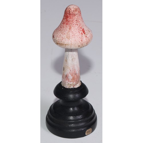 3689 - A painted softwood fungi specimen model, mounted for display, 14.5cm high overall; another (2)