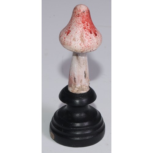 3689 - A painted softwood fungi specimen model, mounted for display, 14.5cm high overall; another (2)