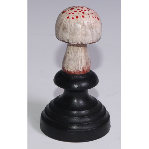 3689 - A painted softwood fungi specimen model, mounted for display, 14.5cm high overall; another (2)