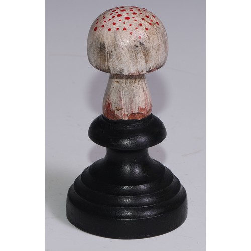 3689 - A painted softwood fungi specimen model, mounted for display, 14.5cm high overall; another (2)