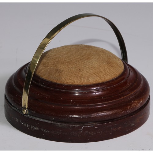 3667 - Treen - a 19th century turned mahogany table top pin cushion, brass swing handle, weighted base, 15c... 