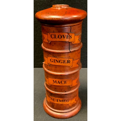 367 - A Wooden multi-section spice tower, four parts, 20cm tall