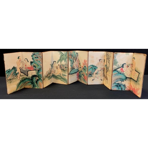 371A - A Chinese folding erotic five panel book, 18.5cm high.