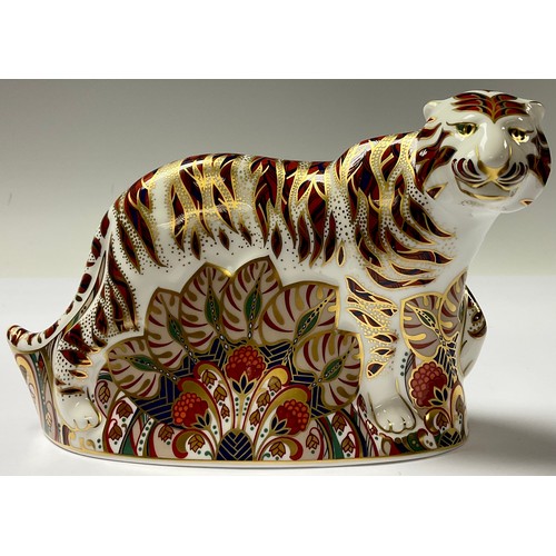 1 - A Royal Crown Derby paperweight, Bengal Tiger, gold stopper, boxed