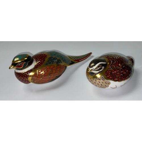 37 - A Royal Crown Derby paperweight, Woodland Pheasant, gold stopper, boxed; another, Quail, gold stoppe... 