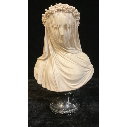 41 - Filli Firenze, after, Veiled Lady, composite marble bust, black marble pedestal base, 36cm high