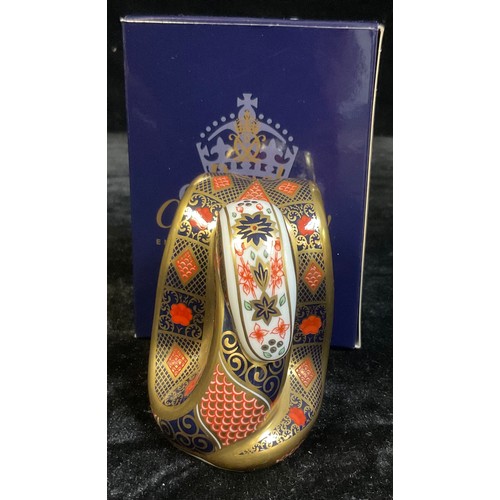 56 - A Royal Crown Derby paperweight, Old Imari Snake, gold stopper, signed by Louise Adam in gold, boxed