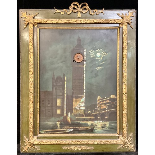 124 - A 19th century novelty papier mache 'automaton' musical clock, the panel with a view of the Houses o... 