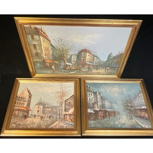 143 - J. Bardot, Paris Street Scene, signed, oil on canvas, 49cm x 59cm; Martin, Moulin Rouge Paris, signe... 