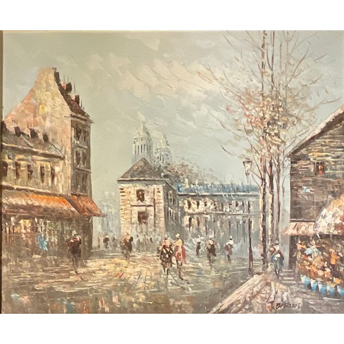 143 - J. Bardot, Paris Street Scene, signed, oil on canvas, 49cm x 59cm; Martin, Moulin Rouge Paris, signe... 