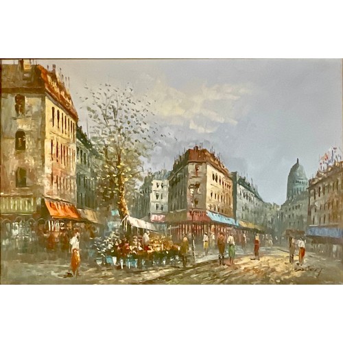 143 - J. Bardot, Paris Street Scene, signed, oil on canvas, 49cm x 59cm; Martin, Moulin Rouge Paris, signe... 
