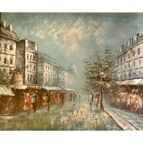 143 - J. Bardot, Paris Street Scene, signed, oil on canvas, 49cm x 59cm; Martin, Moulin Rouge Paris, signe... 