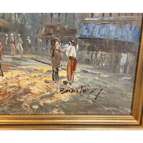 143 - J. Bardot, Paris Street Scene, signed, oil on canvas, 49cm x 59cm; Martin, Moulin Rouge Paris, signe... 