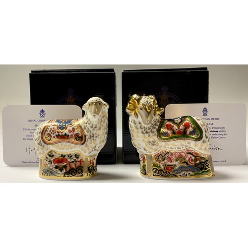 131 - A Royal Crown Derby paperweight, Imari Ram, Visitor's Centre exclusive, gold stopper, associated cer... 