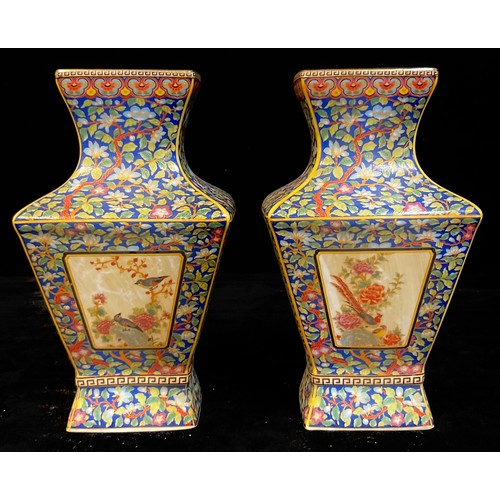 149 - Interior Decoration - a pair of contemporary Chinese decorative waisted square vases, decorated with... 