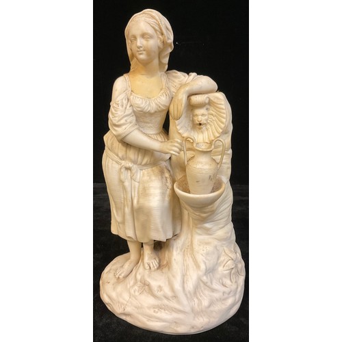 150 - A 19th century Parian ware figure, modelled as a maiden at a fountain, 35cm high, faults