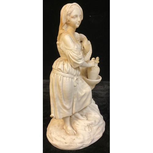 150 - A 19th century Parian ware figure, modelled as a maiden at a fountain, 35cm high, faults