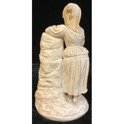150 - A 19th century Parian ware figure, modelled as a maiden at a fountain, 35cm high, faults