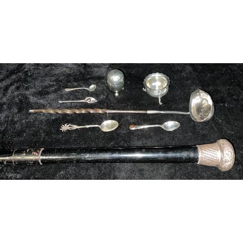 156 - A Georgian silver toddy ladle, set with a George I coin 1723, twisted baleen handle, unmarked; a lat... 