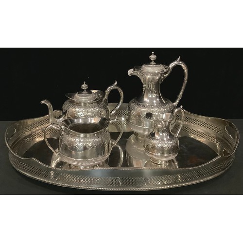 161 - A Victorian four piece EPBM tea service, by James Deakin; a silver plated gallery tray (5)