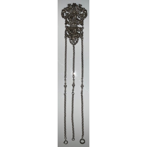 166 - An ornate Victorian silver plated chatelain, decorated with mythical creatures