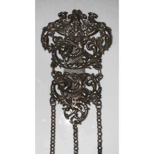 166 - An ornate Victorian silver plated chatelain, decorated with mythical creatures