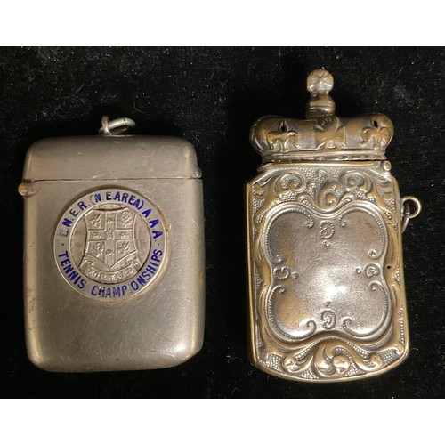 167 - An early 20th century vesta case, enamelled and inscribed with L.N.E.R. Tennis Championships; a nove... 