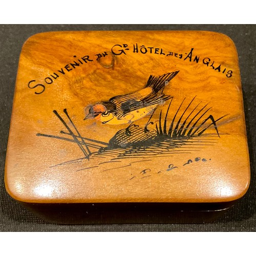 168 - An early 20th century Mauchline type stamp box, the hinged cover painted with a gold finch, Souvenir... 