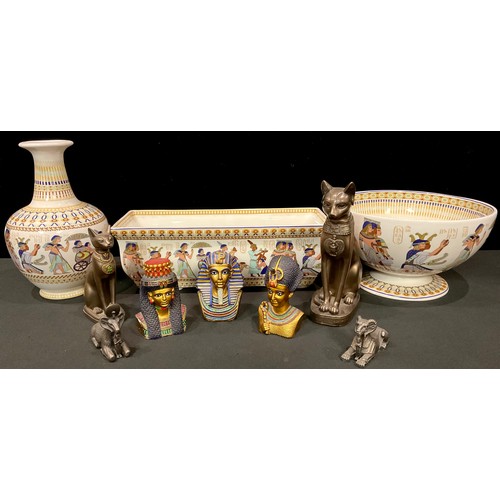 173 - A pedestal bowl, transfer printed with ancient Egyptian figures and hieroglyphics, 26cm diam; a simi... 