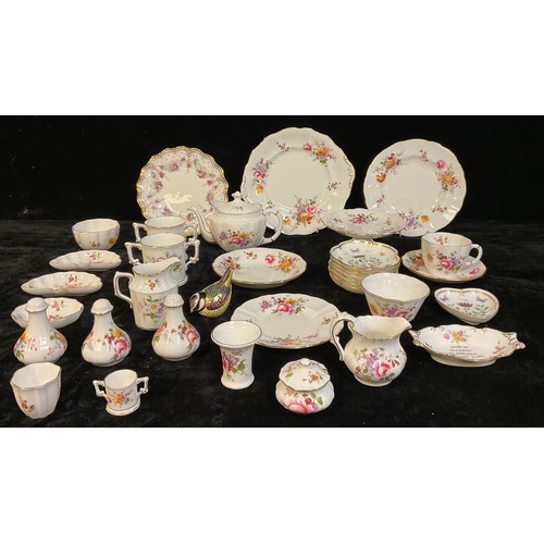 174 - A Royal Crown Derby Posie pattern bachelor's size teapot, a pedestal comport, two milk jugs and suga... 