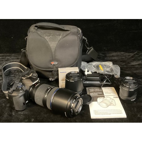 445 - An Olympus E520 35mm camera outfit, including Olympus digital 70-300mm zoom lens 1:4 - 5.6 EDE, filt... 