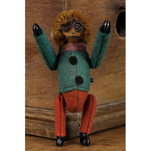 2111 - A Schuco (Germany) novelty miniature clockwork tumbling Monkey toy, painted tinplate face with golde... 