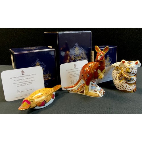 17 - Royal Crown Derby Australian collection paperweights, Kangaroo and Joey, Koala and Baby and Duck-Bil... 